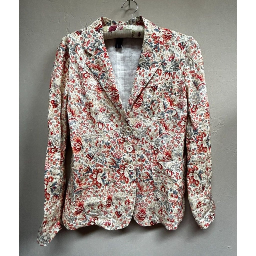 High Use Women Three-Button Ramie Floral Blazer Jacket Size 8 Multicolor Pockets